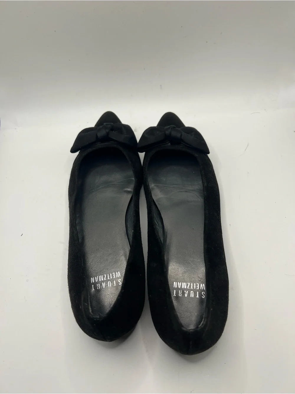 Stuart Weitzman Black Suede Pointed Toe Flats with Bow